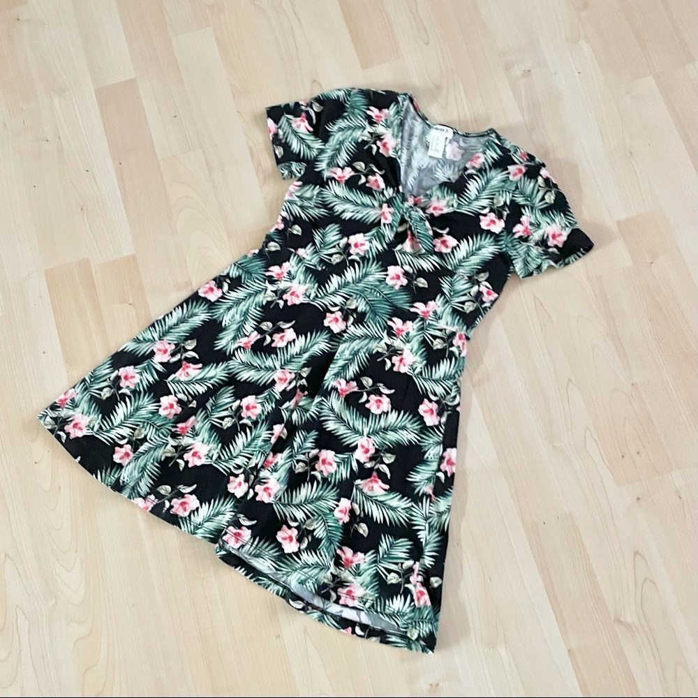 Hawaiian Print Floral Black Pink Fit Flare Dress